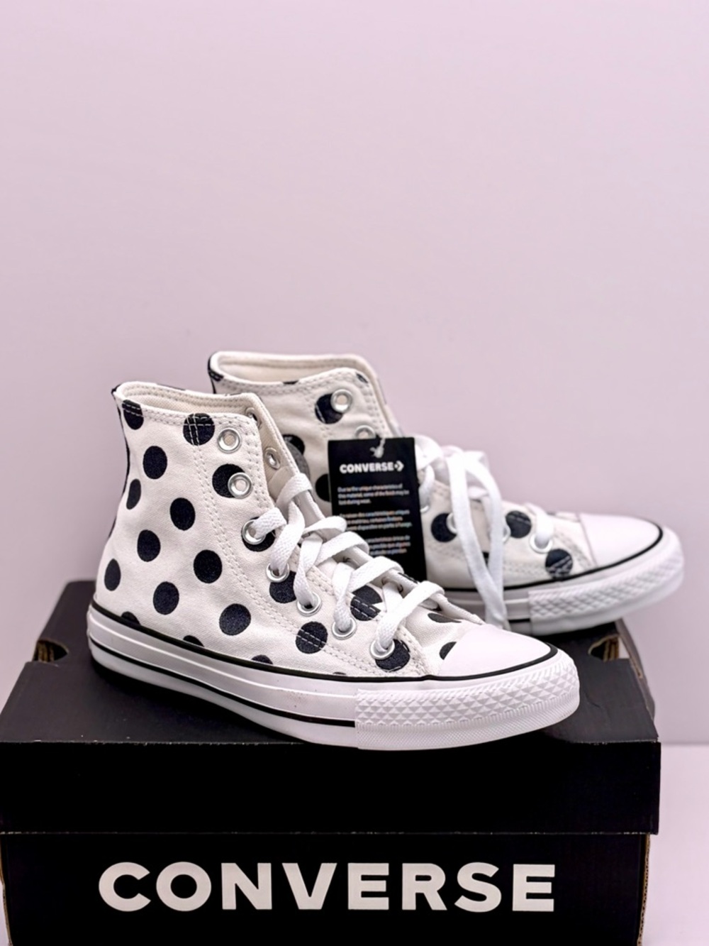 Converse High-Top Sneakers in White with Black Polka Dots women’s size 6